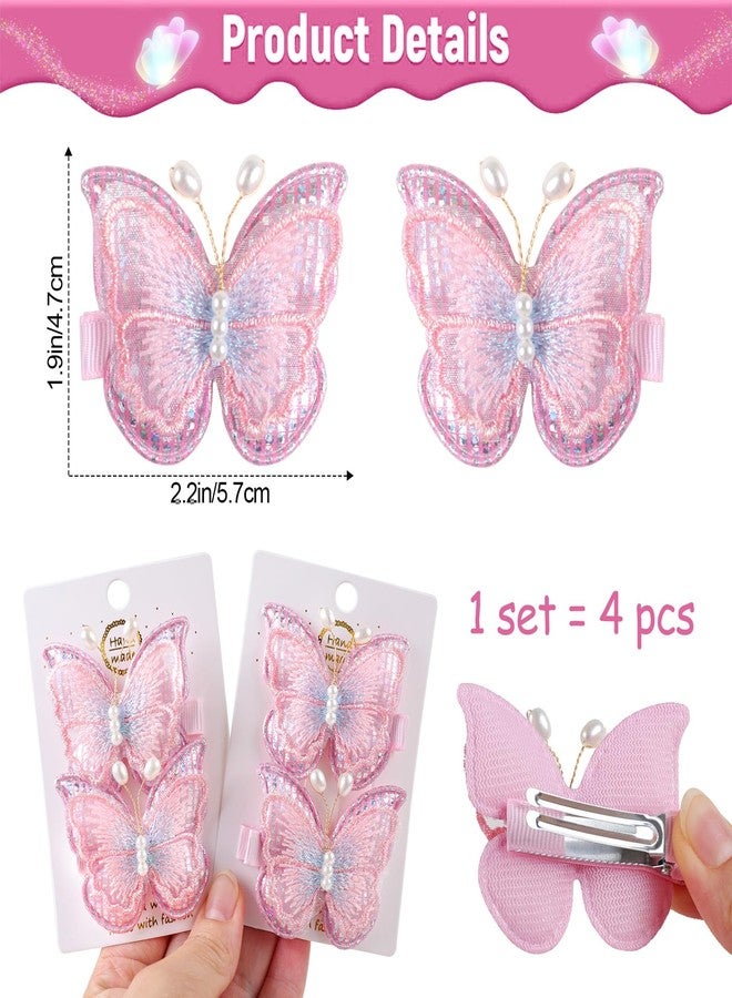 RAINBOW WSK مجموعة مشابك شعر على شكل فراشة للأطفال من رينبو WSK، 4 قطع، مشابك شعر لطيفة للبنات والرضع والأطفال الصغار، مشابك معدنية مانعة للانزلاق، مشابك شعر دانتيل على شكل فراشة، إكسسوارات شعر للأطفال YZ054 (وردي) - Image 3