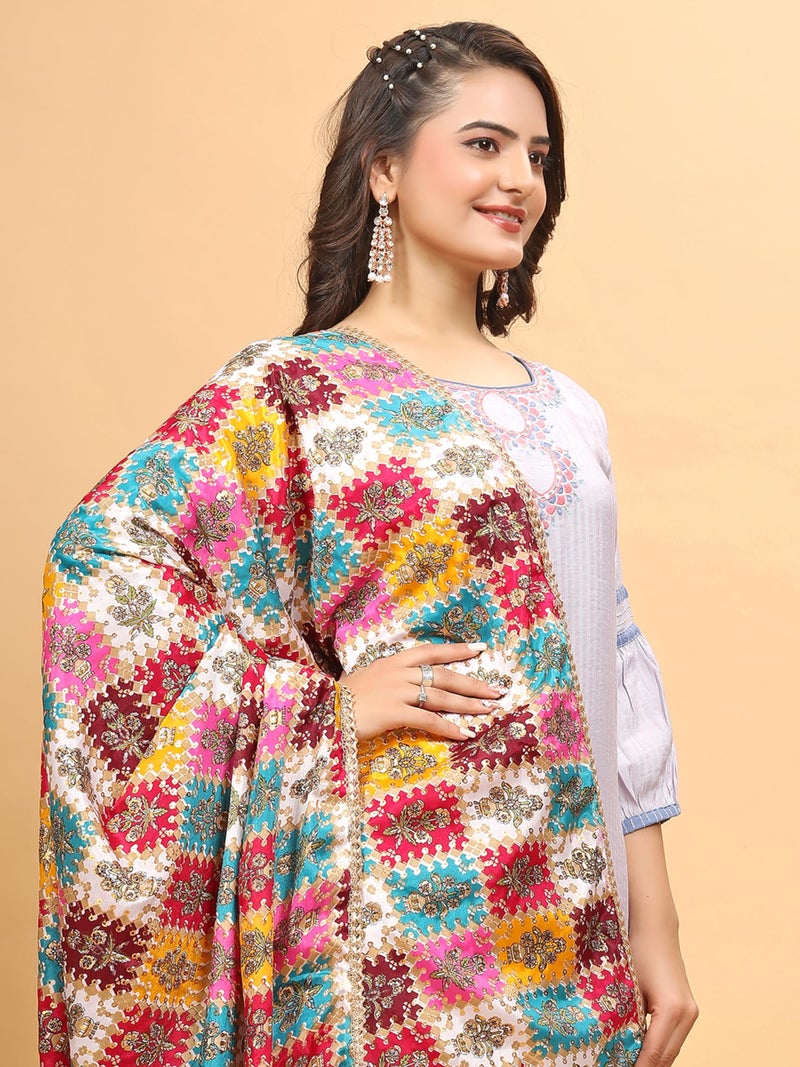 KEMZA Women's Silk Blend Printed Multicolor Dupatta For Wedding And Festival - Image 4