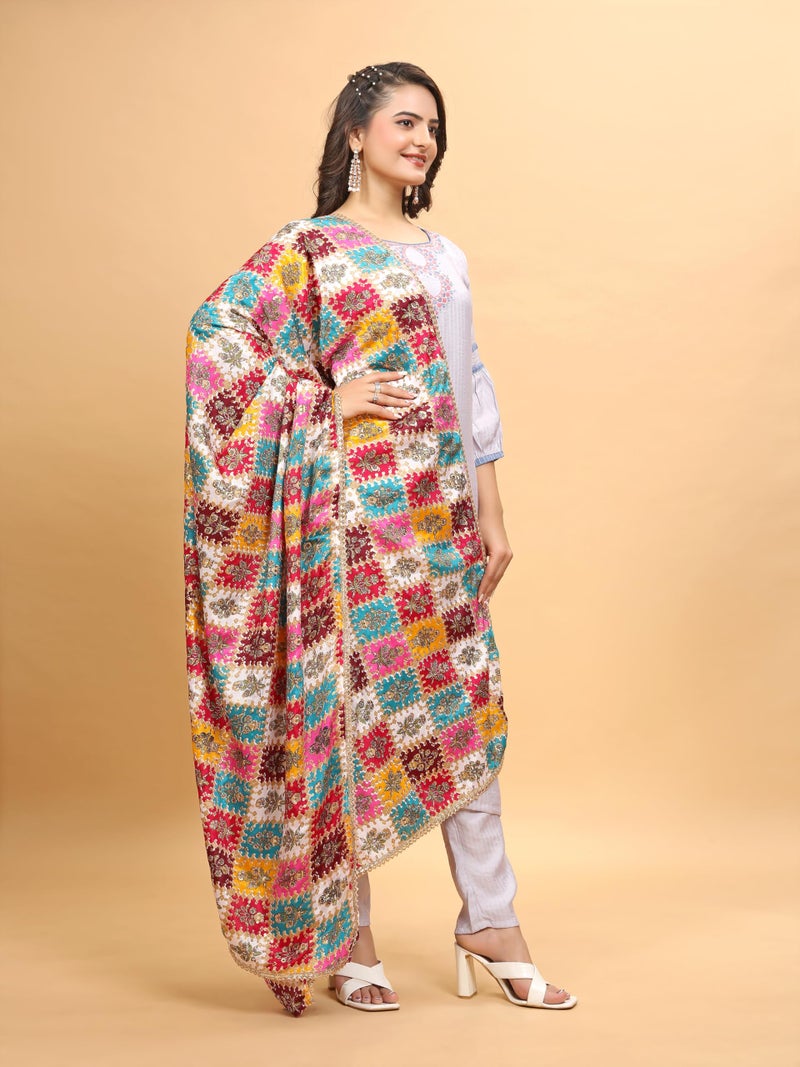 KEMZA Women's Silk Blend Printed Multicolor Dupatta For Wedding And Festival - Image 2