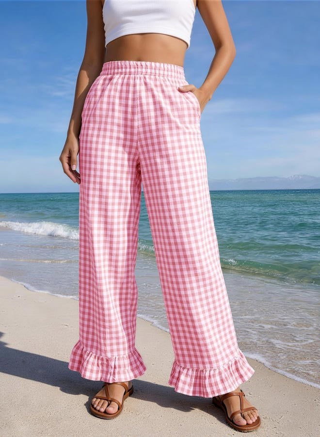 Flygo Women's Gingham Pants Y2K Cotton Wide Leg Ruffle Hem Lounge Pants Plaid Elastic Waisted Trouser with Pockets, Pink, S - Image 2