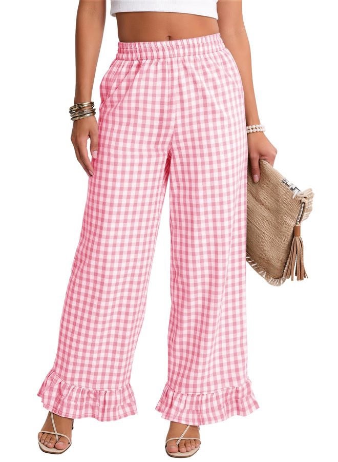 Flygo Women's Gingham Pants Y2K Cotton Wide Leg Ruffle Hem Lounge Pants Plaid Elastic Waisted Trouser with Pockets, Pink, S - Image 1