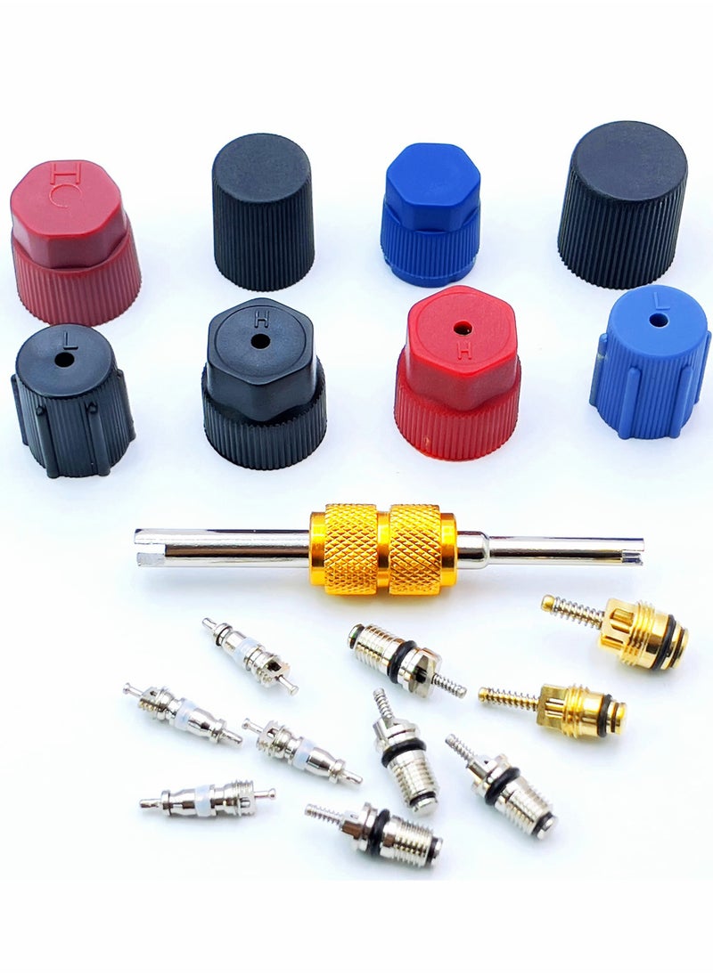 SYOSI - Air Conditioning Valve Core Kit, Car and Home AC R12 R134a Teflon Seal Refrigeration Schrader Valve Core with Valve Stem Core Tool Air Conditioning AC System Charging Port Seal Caps Kit - Image 1