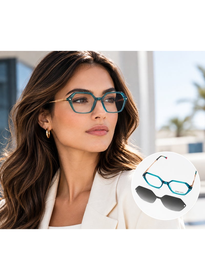 JOW WAY JOWWAY Women's Hexagonal Eyeglasses with Magnetic Clip-On Sunglasses, Teal/Gold - Image 3