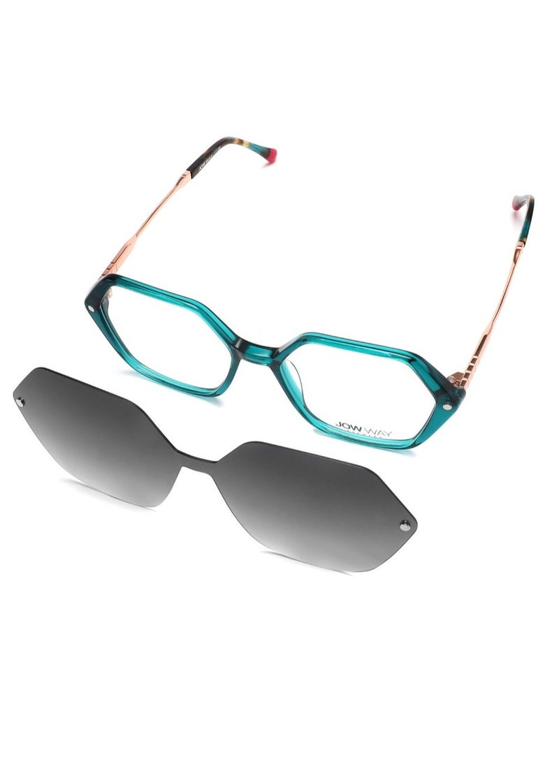 JOW WAY JOWWAY Women's Hexagonal Eyeglasses with Magnetic Clip-On Sunglasses, Teal/Gold - Image 1