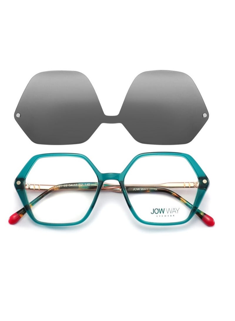 JOW WAY JOWWAY Women's Hexagonal Eyeglasses with Magnetic Clip-On Sunglasses, Teal/Gold - Image 2