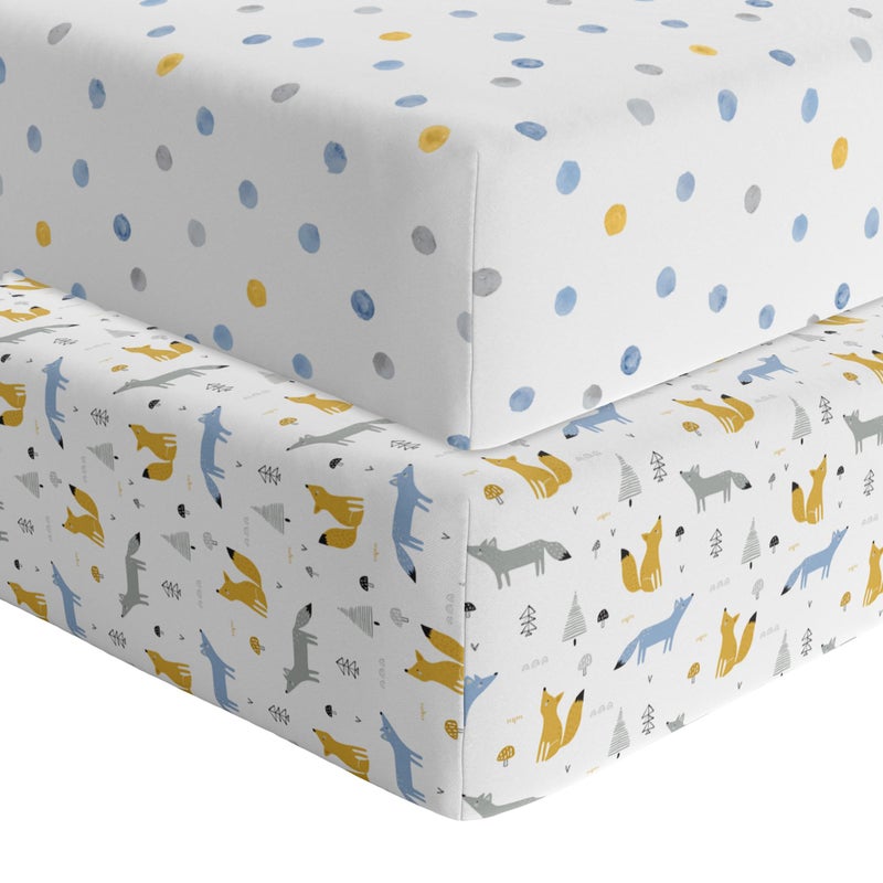 Featherheadâ„¢ 2-Pack Fitted Crib Sheets - 100% Cotton - 52" x 28" x 9" for Standard Crib and Toddler Mattress (Percale Blue Foxes) - Image 1