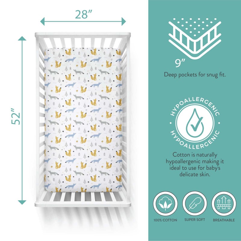 Featherheadâ„¢ 2-Pack Fitted Crib Sheets - 100% Cotton - 52" x 28" x 9" for Standard Crib and Toddler Mattress (Percale Blue Foxes) - Image 2