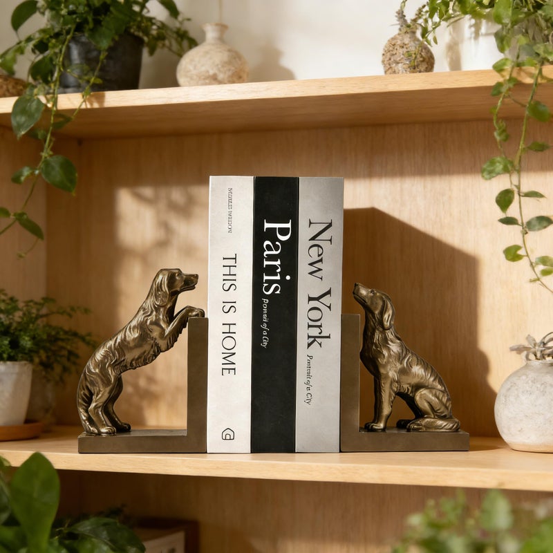 ifreeside 1 Pair Dog Bookends for Shelves, Vintage Resin Bookends for Heavy Books, Home Office Desk Decor, Golden Retriever Book Ends (Gold Dog) - Image 4