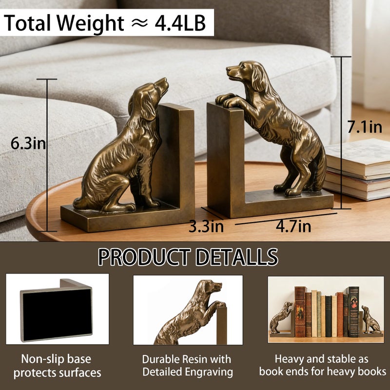 ifreeside 1 Pair Dog Bookends for Shelves, Vintage Resin Bookends for Heavy Books, Home Office Desk Decor, Golden Retriever Book Ends (Gold Dog) - Image 3