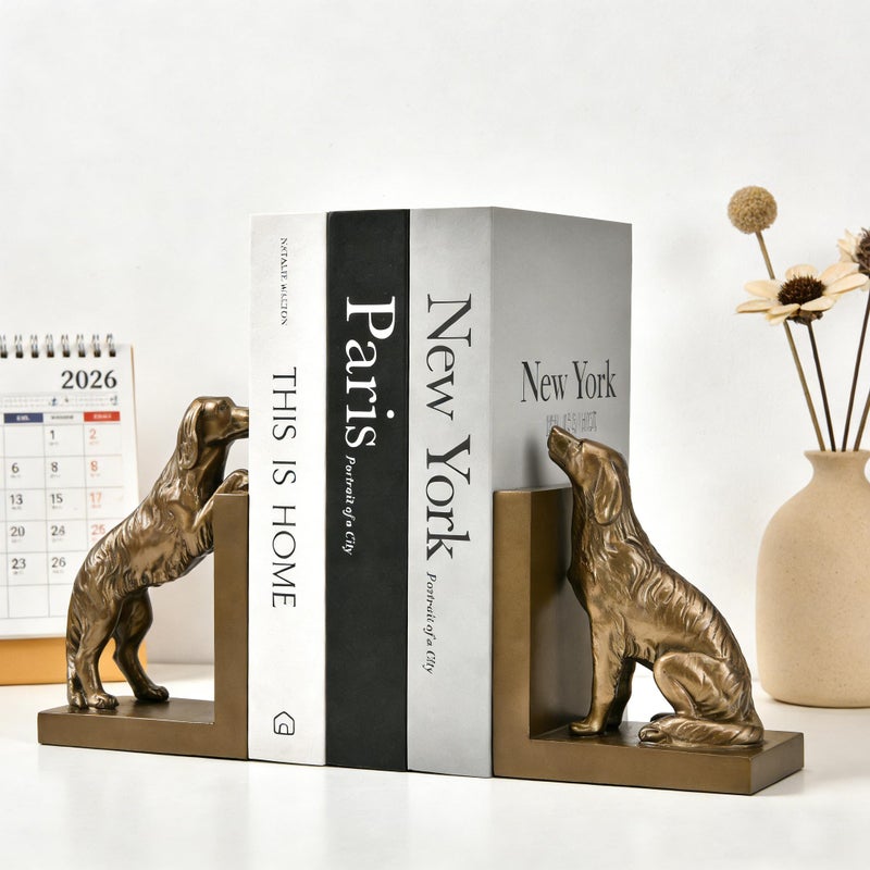 ifreeside 1 Pair Dog Bookends for Shelves, Vintage Resin Bookends for Heavy Books, Home Office Desk Decor, Golden Retriever Book Ends (Gold Dog) - Image 2