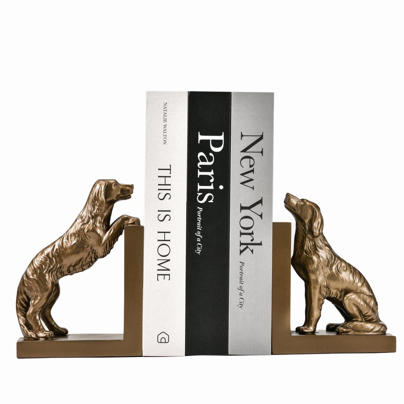 ifreeside 1 Pair Dog Bookends for Shelves, Vintage Resin Bookends for Heavy Books, Home Office Desk Decor, Golden Retriever Book Ends (Gold Dog) - Image 1