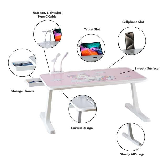 Tarkan USB Laptop Table for Bed, Foldable Study Desk for Kids, with Drawer, LED Light, Fan, Type C Cable, Work from Home Stand (Unicorn) - Image 3