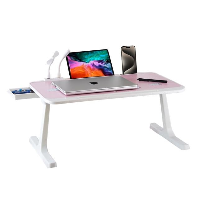 Tarkan USB Laptop Table for Bed, Foldable Study Desk for Kids, with Drawer, LED Light, Fan, Type C Cable, Work from Home Stand (Unicorn) - Image 1