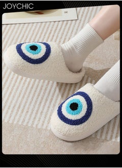 Joychic New Style Evil Eyes Pattern Comfortable Home Indoor Slippers Autumn and Winter Warm Non-slip Thick-soled Soft Bedroom Cotton Slippers for Couples Men Women White+Blue  - Image 1