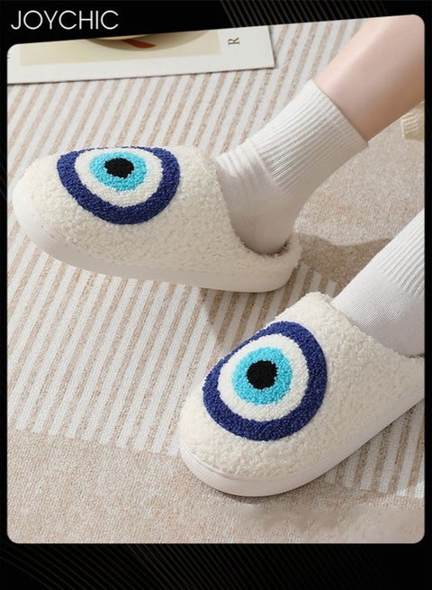 New Style Evil Eyes Pattern Comfortable Home Indoor Slippers Autumn and Winter Warm Non-slip Thick-soled Soft Bedroom Cotton Slippers for Couples Men Women White+Blue