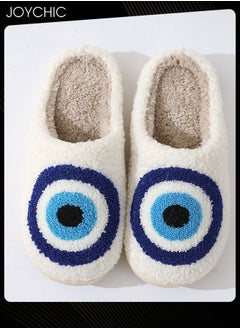 Joychic New Style Evil Eyes Pattern Comfortable Home Indoor Slippers Autumn and Winter Warm Non-slip Thick-soled Soft Bedroom Cotton Slippers for Couples Men Women White+Blue  - Image 2