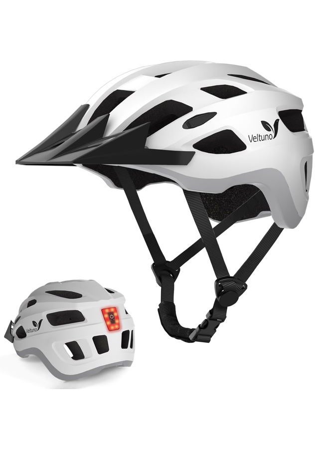 Veltuno Bike Helmet for Adults, Lightweight Mountain Bicycle Helmet with USB Rechargeable LED Rear Light, Removable Sun Visor for Women, Men, Suitable for Cycling and Commuting (White, Large) - Image 1