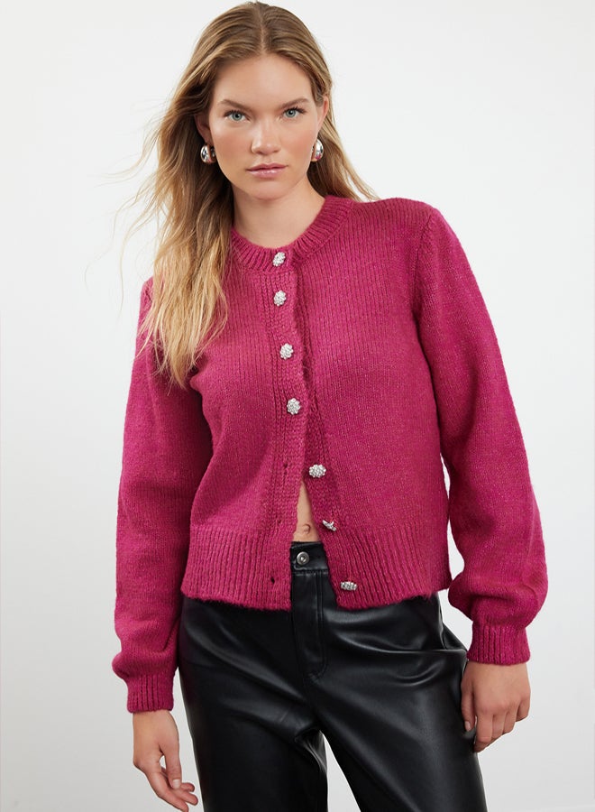 trendyol Fuchsia Soft Texture Jewel Buttoned Jacket Look Knitwear Cardigan - Image 2