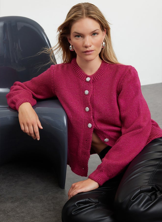 trendyol Fuchsia Soft Texture Jewel Buttoned Jacket Look Knitwear Cardigan - Image 1