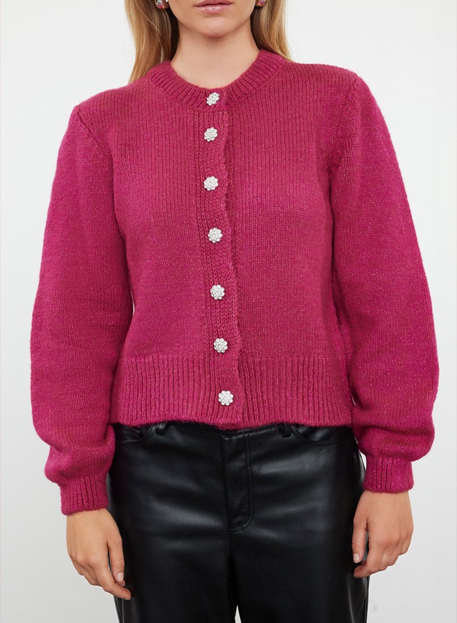 trendyol Fuchsia Soft Texture Jewel Buttoned Jacket Look Knitwear Cardigan - Image 3