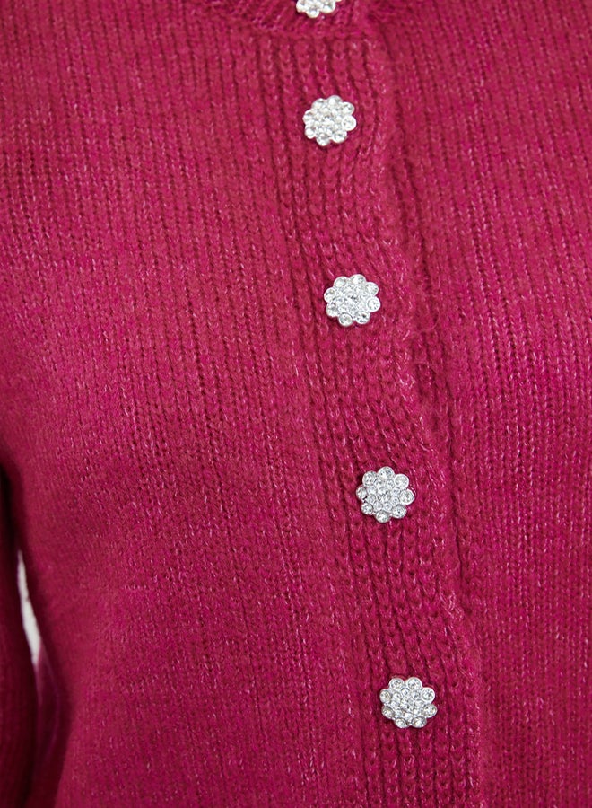 trendyol Fuchsia Soft Texture Jewel Buttoned Jacket Look Knitwear Cardigan - Image 4