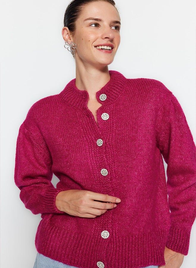trendyol Fuchsia Soft Texture Jewel Buttoned Jacket Look Knitwear Cardigan - Image 5