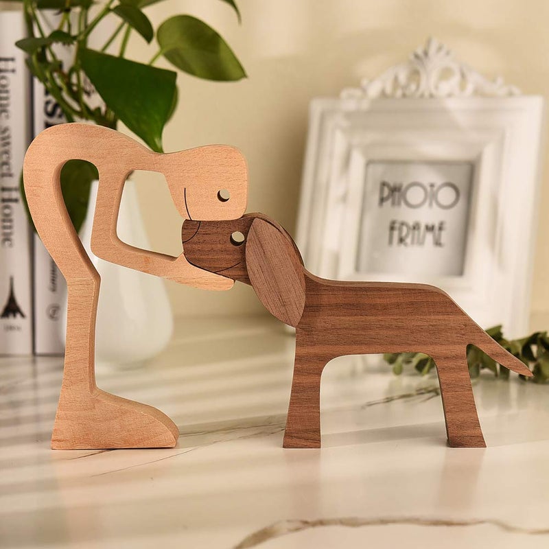 ishine Handmade Wooden Man and Dog Figurine - Home Decor Sculpture  Large 10x6x0.8in  Eco-Friendly Gift - Image 2