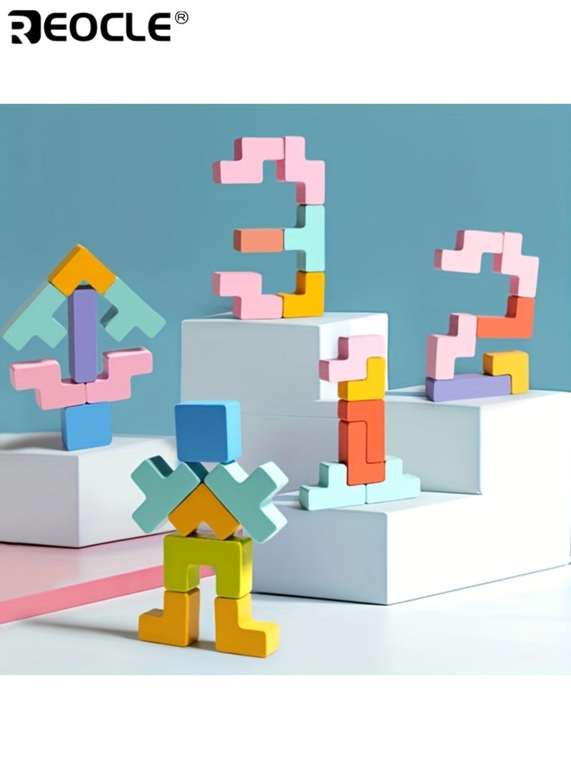 REOCLE Kid's 3D Wooden Puzzle Blocks with Interlocking Design and Colorful Pieces DIY Educational Toy with Spatial Reasoning Training for Kids Creative Play - Image 5