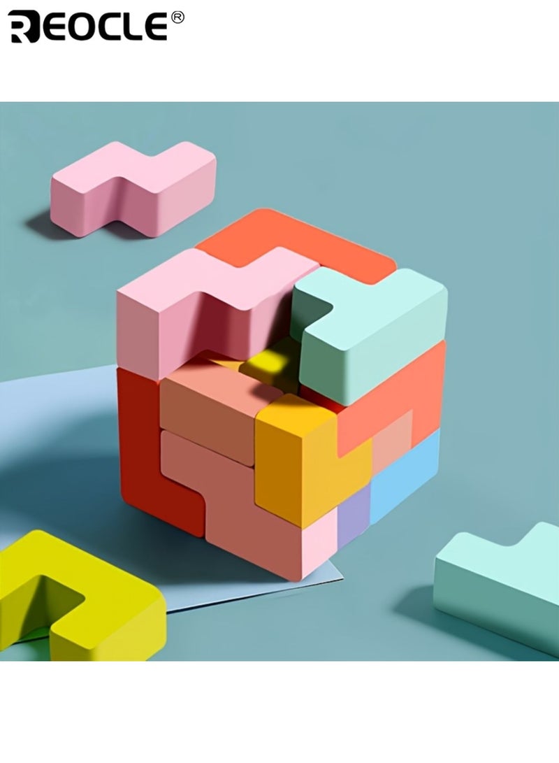 REOCLE Kid's 3D Wooden Puzzle Blocks with Interlocking Design and Colorful Pieces DIY Educational Toy with Spatial Reasoning Training for Kids Creative Play - Image 4