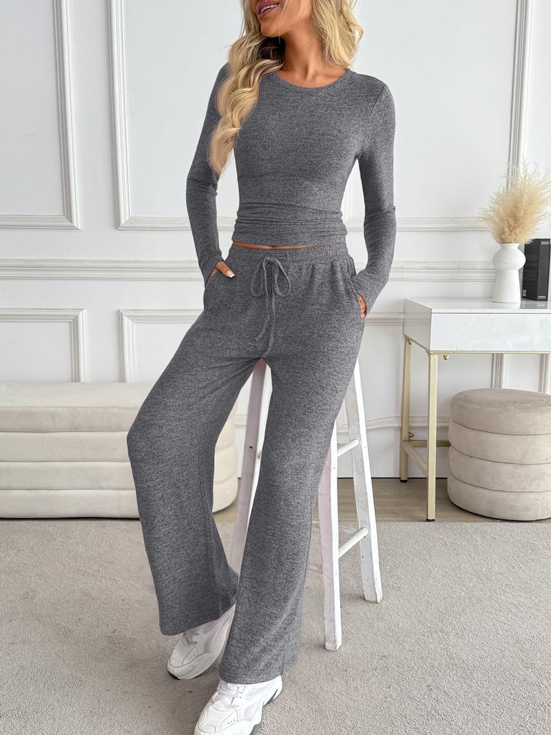 LILLUSORY Womens 2 Piece Matching Lounge Sets 2025 Fall Fashion Knit Sweater Airport Travel Vacation Outfits Gym Sweatsuits Grey L - Image 3