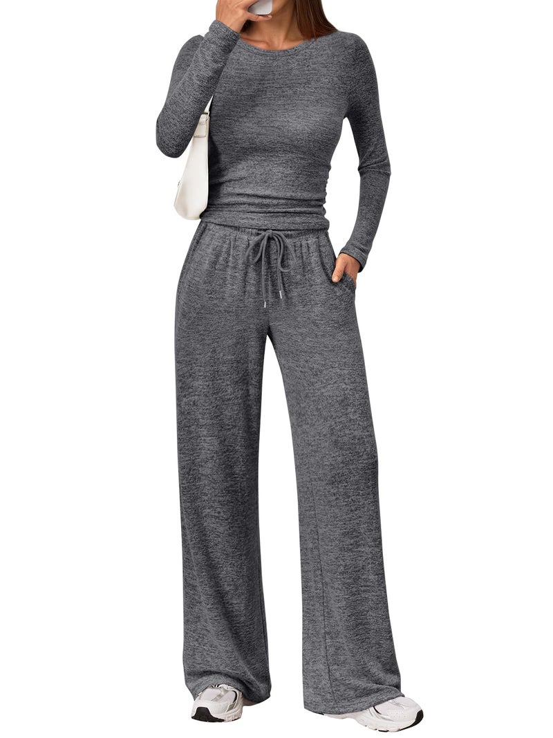 LILLUSORY Womens 2 Piece Matching Lounge Sets 2025 Fall Fashion Knit Sweater Airport Travel Vacation Outfits Gym Sweatsuits Grey L - Image 1