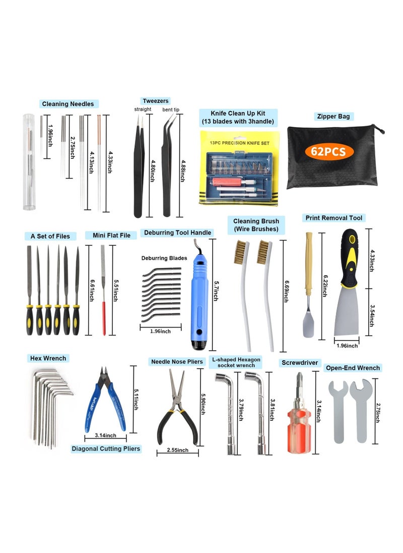 62PCS Printer Tools Kit, 3D Print Model Tool Includes Cleaning Tools Deburring & Disassembly Tool Storage Bag, for 3D Printing Maintenance Cleaning Removing Trimming Finishing Accessories
