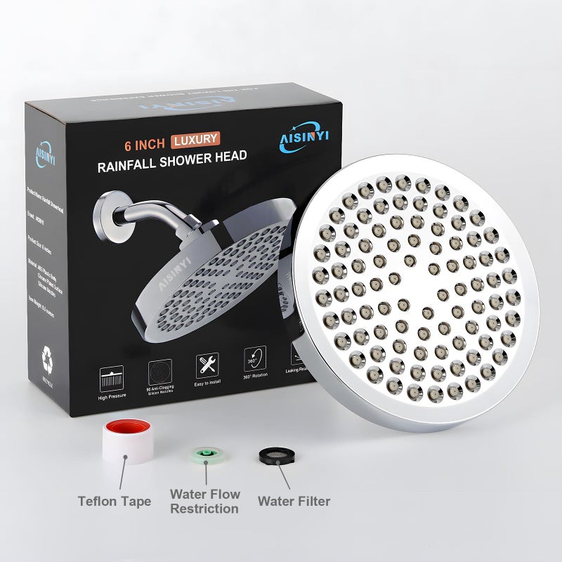 AISINYI High Pressure Rainfall Shower Head, 6 Inches Luxury Modern Showerhead with Perfect Adjustable Replacement, Removable Restrictor, Easy Installation for Your Bathroom Shower Heads(Chrome Plated) - Image 5
