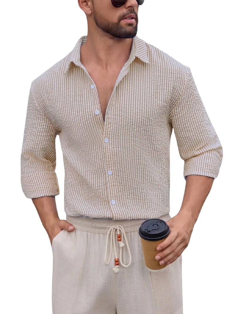 Lymio Shirt for Men || Regular Fit Stylish Shirt for Men (Crush-Lining-Khakhi-M) - Image 1