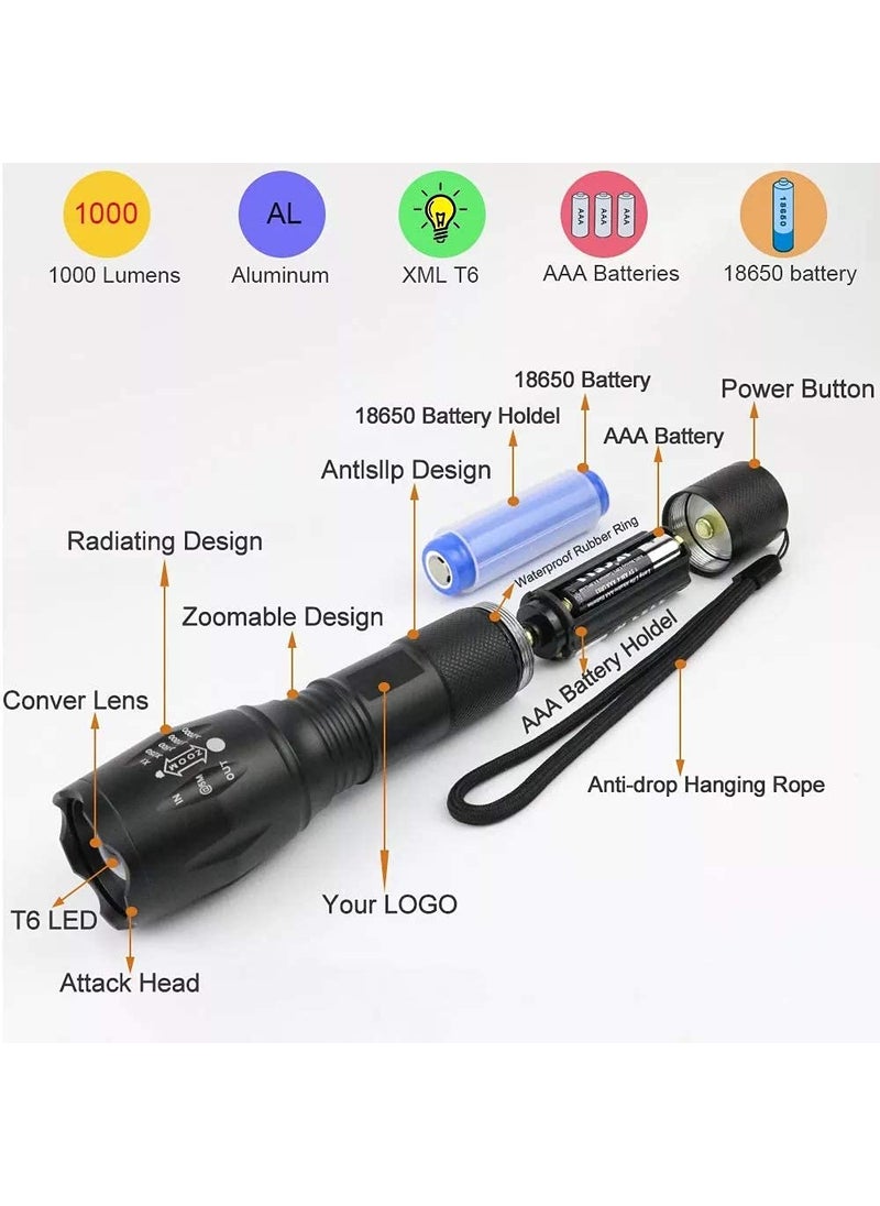 KARTUNBOX KARTUNBOXMetal Led Torch Flashlight Xml T6 Water Resistance 5 Modes Adjustable Focus Rechargeable Torch Handheld Light Zoomable Led Adjustable Focus Tactical Flashlight Pack of1 Black  - Image 3