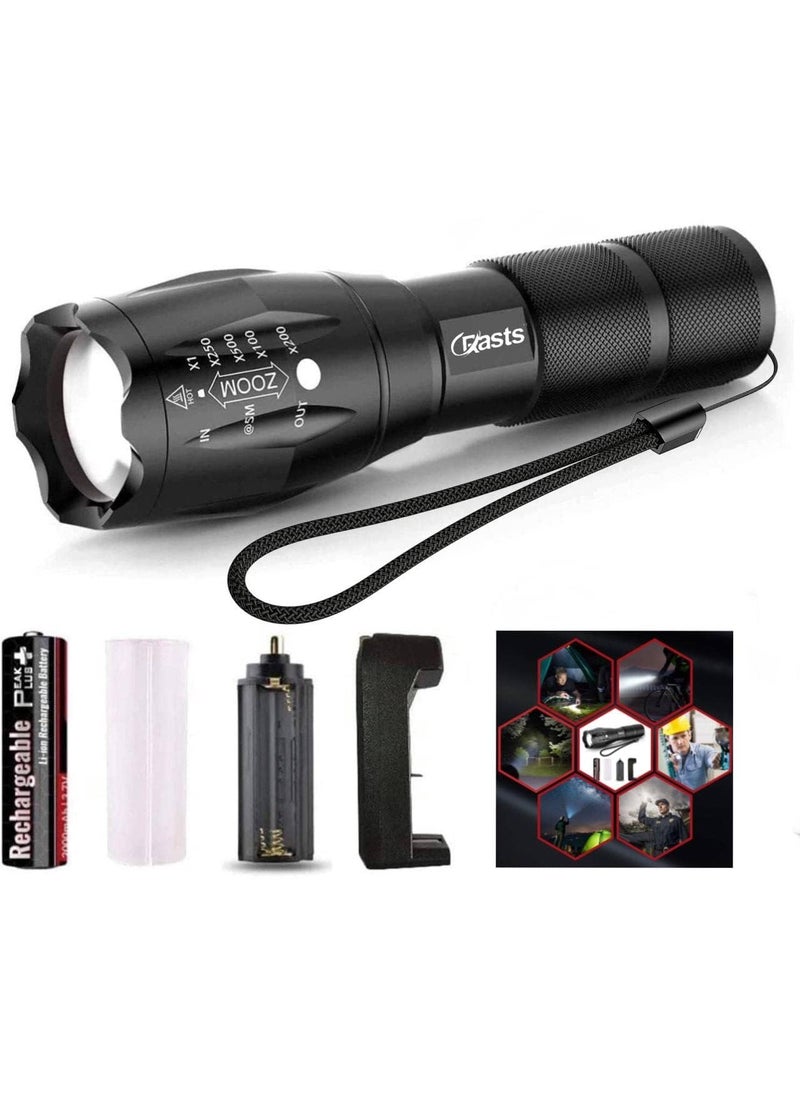 KARTUNBOX KARTUNBOXMetal Led Torch Flashlight Xml T6 Water Resistance 5 Modes Adjustable Focus Rechargeable Torch Handheld Light Zoomable Led Adjustable Focus Tactical Flashlight Pack of1 Black  - Image 1