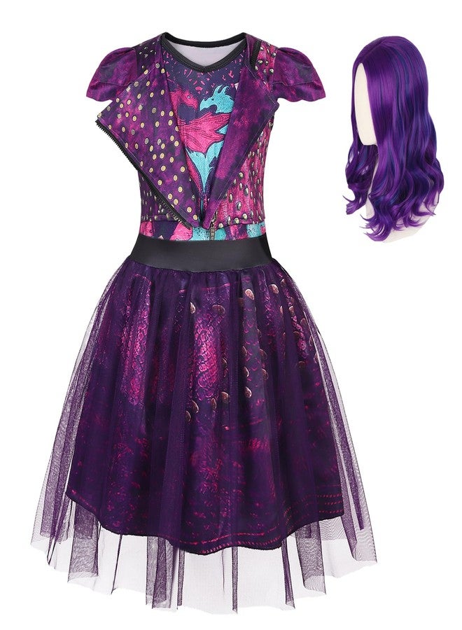 Uivic Mal Costume for Girls Cosplay Evie Outfit Villian Kids Princess Halloween Party Dress Up with Wig (Purple, 4years-5years) - Image 1