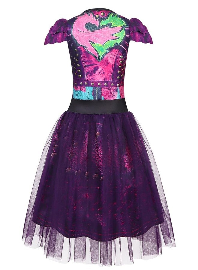 Uivic Mal Costume for Girls Cosplay Evie Outfit Villian Kids Princess Halloween Party Dress Up with Wig (Purple, 4years-5years) - Image 4