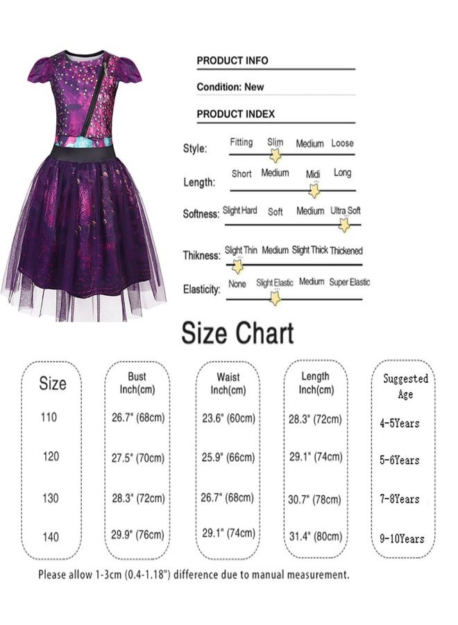 Uivic Mal Costume for Girls Cosplay Evie Outfit Villian Kids Princess Halloween Party Dress Up with Wig (Purple, 4years-5years) - Image 2