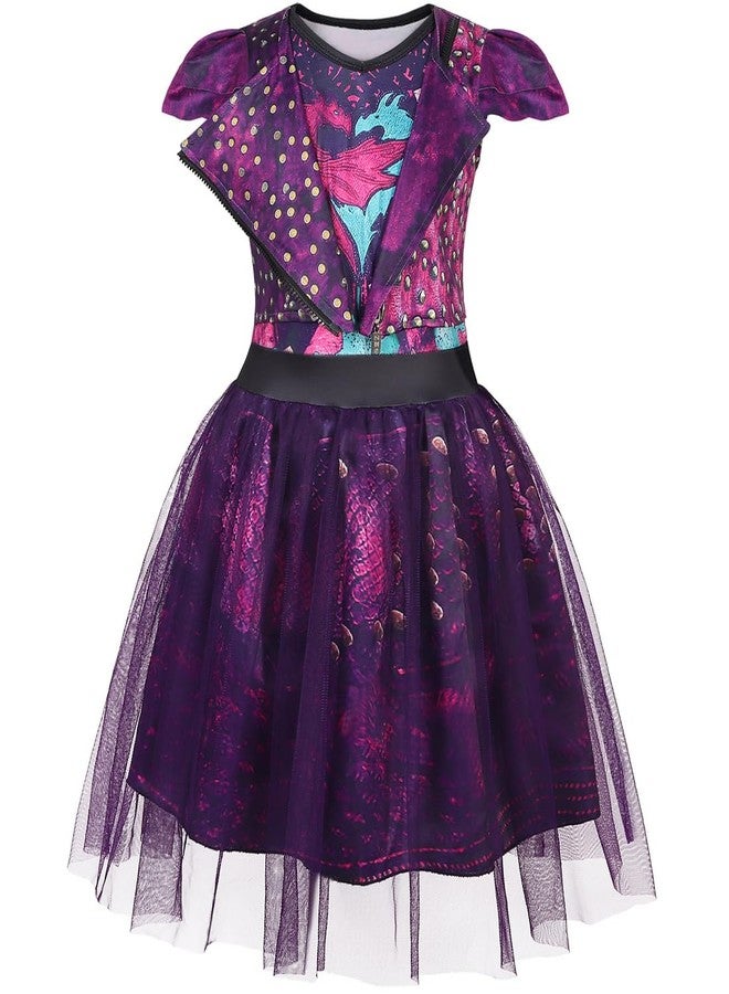 Uivic Mal Costume for Girls Cosplay Evie Outfit Villian Kids Princess Halloween Party Dress Up with Wig (Purple, 4years-5years) - Image 3