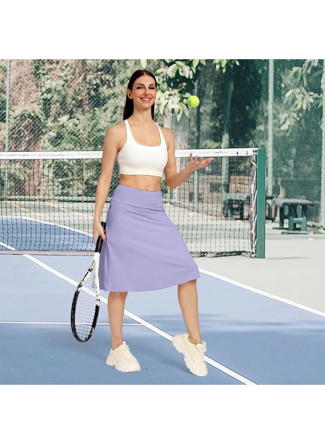 KGKE Womens Midi Knee-Length Skirt with Built-in Skorts Hidden Drawstring Zippered Pockets Appropriate for Working Casual Office, Purple, XL - Image 3