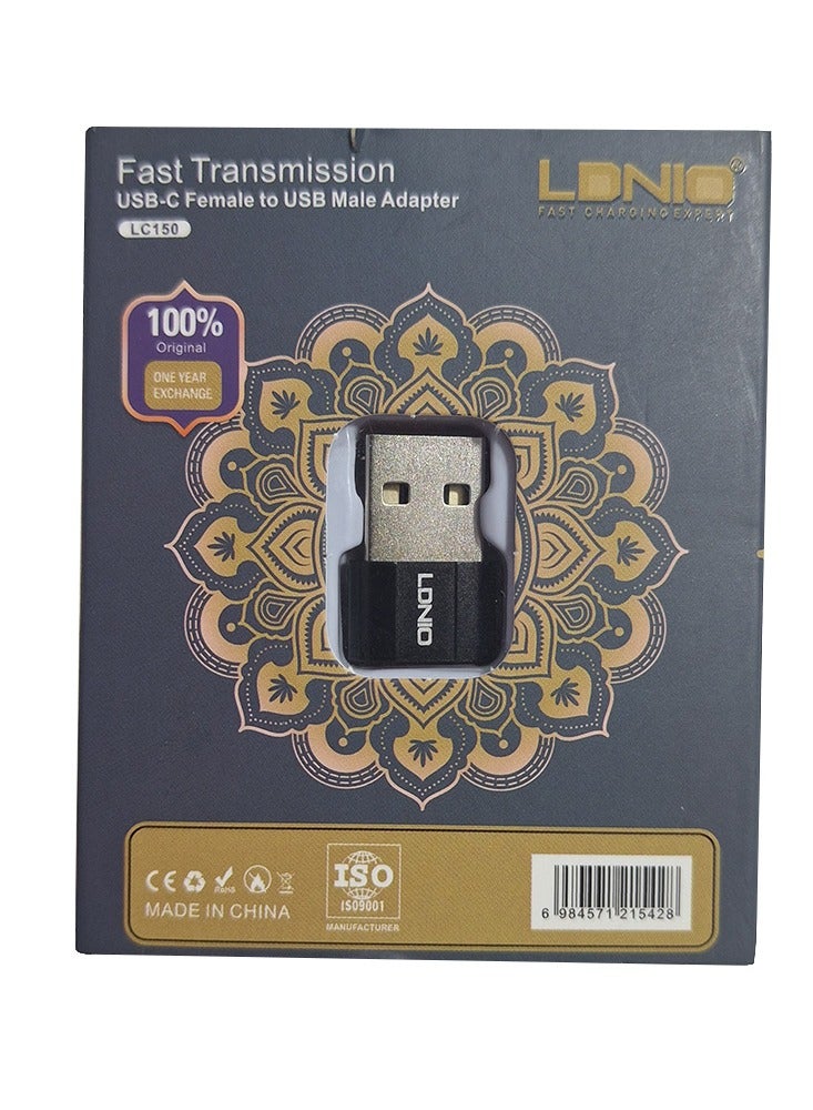 لدنيو محول سريع النقل من USB-C أنثى إلى USB ذكر LC150، محول USB-C إلى USB-A صغير الحجم - سرعة نقل بيانات عالية وتصميم صغير خفيف الوزن - متوافق مع أجهزة الكمبيوتر المحمولة والهواتف والأجهزة اللوحية والسيارات - مادة الألومنيوم السوداء القوية والأنيقة - مناسب للشحن ونقل الملفات وتوصيل الأجهزة بسهولة  - Image 2