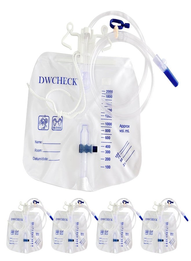 DWCHECK 5 Pack Urinary Drainage Bag with Anti-Reflux Chamber,2000mL Urine Bags with 48" Tube Drainage,Splash-Resistant Drain Spout,Clips and Hanging Hook,Disposable Urine Bags for Men - Image 1