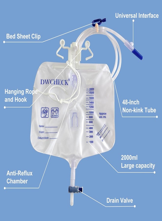 DWCHECK 5 Pack Urinary Drainage Bag with Anti-Reflux Chamber,2000mL Urine Bags with 48" Tube Drainage,Splash-Resistant Drain Spout,Clips and Hanging Hook,Disposable Urine Bags for Men - Image 2
