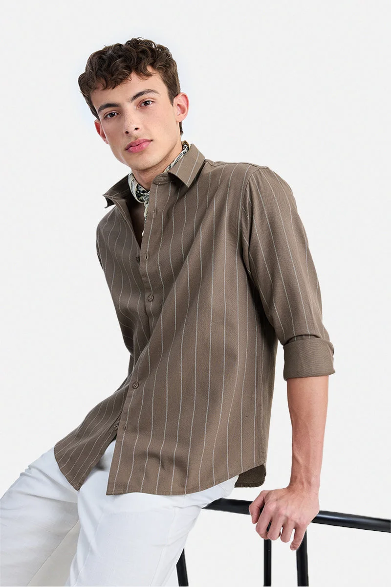 سنيتش Khaki Striped Long Sleeve Regular Fit Shirt