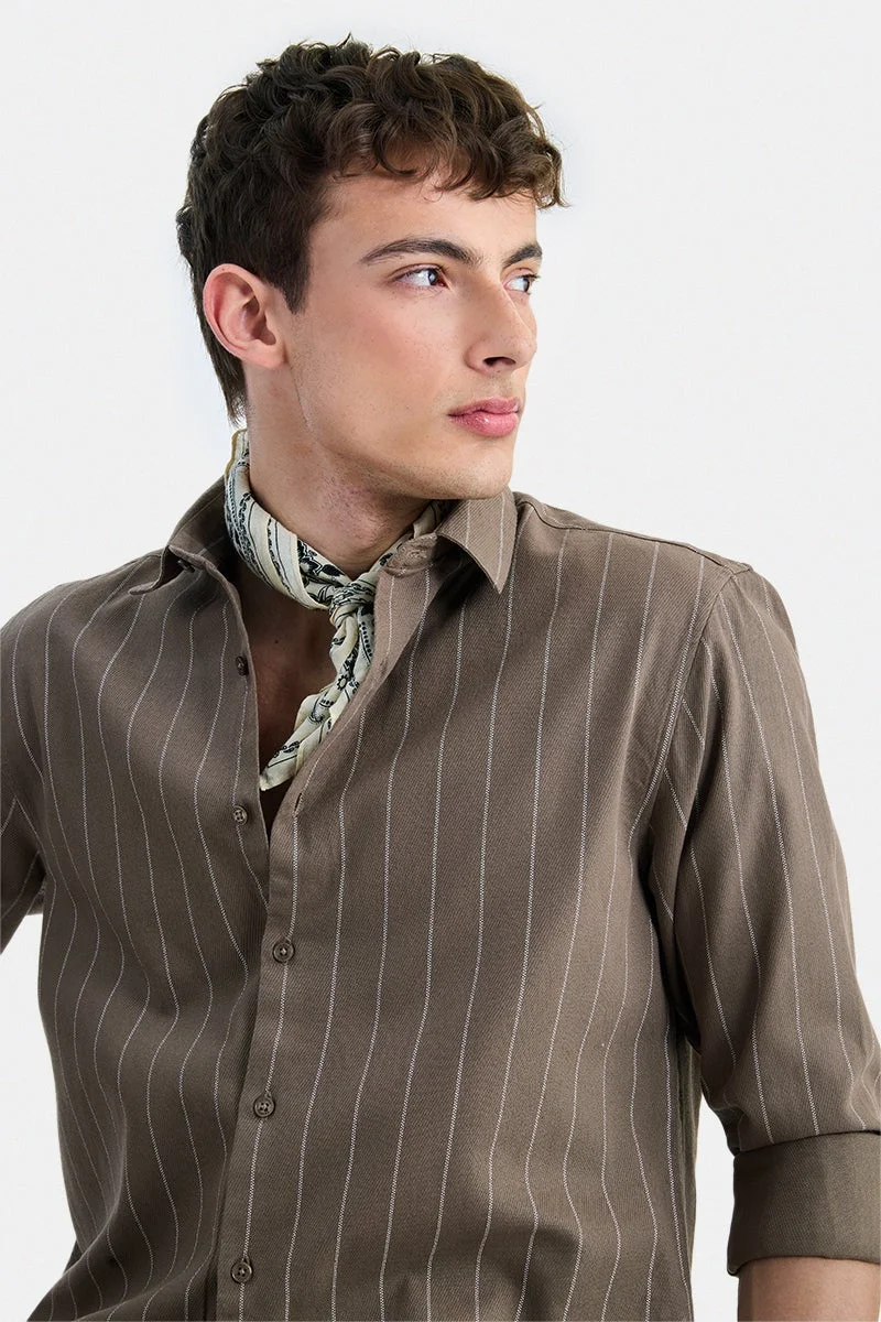 سنيتش Khaki Striped Long Sleeve Regular Fit Shirt