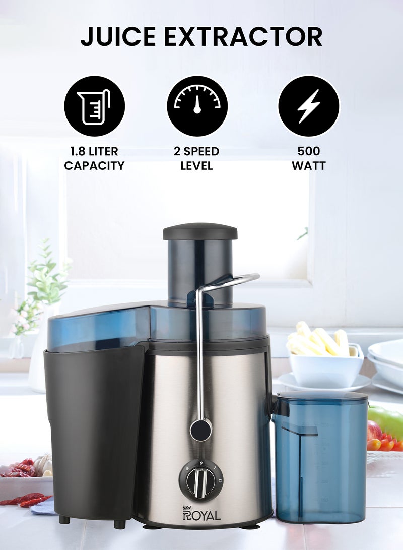 Royal 500W Whole Fruit Juice Extractor 1.8L | Stainless Steel, 2-Speed Copper Motor, Pulp Separator, Overheat Protection & Dishwasher-Safe | RA-SJ1111 Black 1.8 L 500 W RA-SJ1111 Black/Silver - Image 2