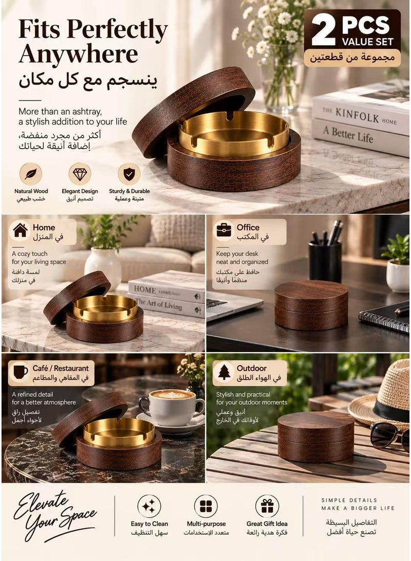 فري وولف طقم 2 منفضة سجائر خشبية مع غطاء، جزء داخلي من الستانلس ستيل مع 3 فتحات، تصميم دائري أنيق للمنزل والمكتب والأماكن الخارجية - Image 3