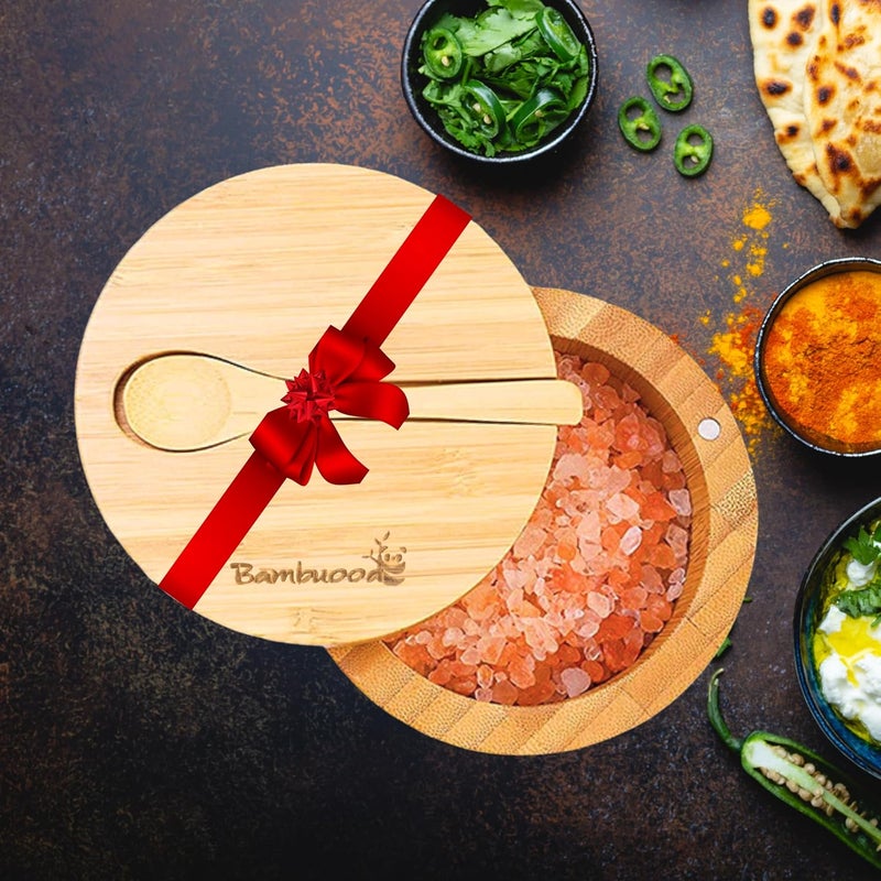Bambuood Premium Bamboo Salt Cellar with Swivel Magnetic Lid - 100% Handmade, Elegant Salt & Spices Storage Box and Multi-Use Container with Mini Spoon. - Image 1