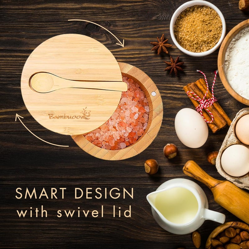 Bambuood Premium Bamboo Salt Cellar with Swivel Magnetic Lid - 100% Handmade, Elegant Salt & Spices Storage Box and Multi-Use Container with Mini Spoon. - Image 2